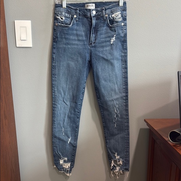 AGolde Blue Ankle Cropped Jeans with Distressed Details - Picture 1 of 8